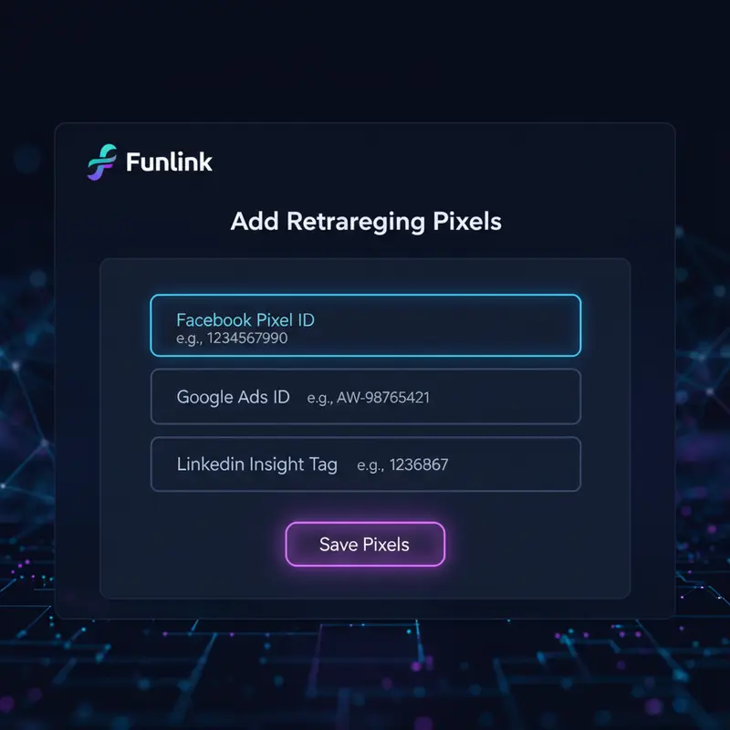 Giao diện mục 'Add Pixels' để cài đặt pixel retargeting vào link rút gọn với các ô nhập ID Facebook Pixel, Google Ads.