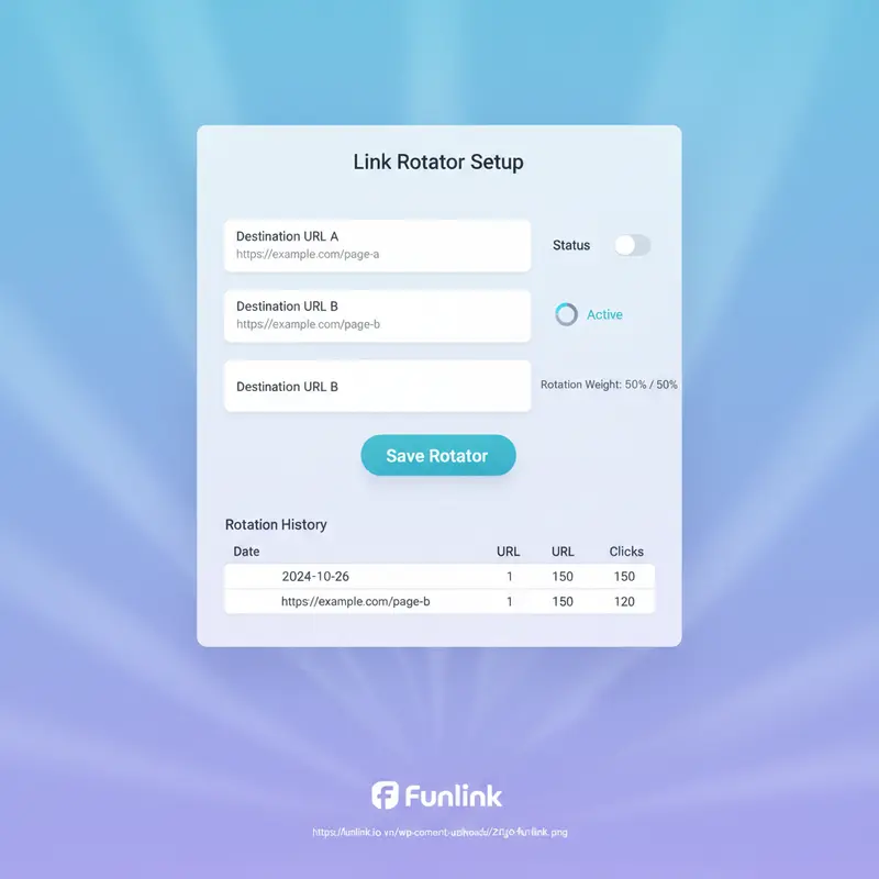 Giao diện cài đặt Link Rotator để cài đặt pixel retargeting vào link rút gọn, hiển thị các ô nhập URL A và URL B.
