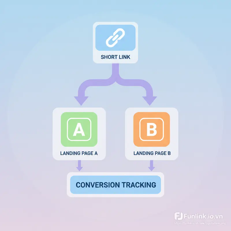 Sơ đồ hoạt động của Link Rotator dùng để cài đặt pixel retargeting vào link rút gọn, phân luồng traffic đến 2 landing page A/B.
