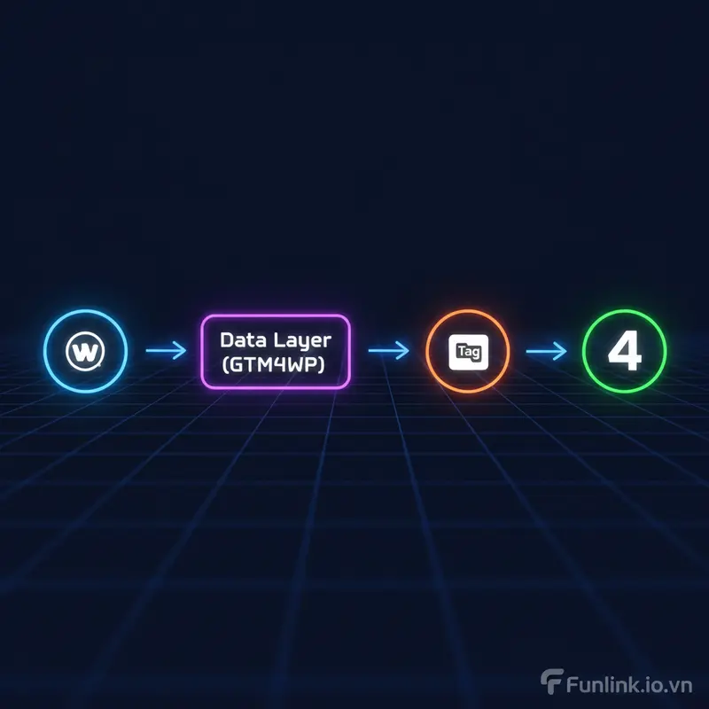 Sơ đồ luồng dữ liệu khi cài đặt tracking e-commerce GA4 cho WooCommerce.