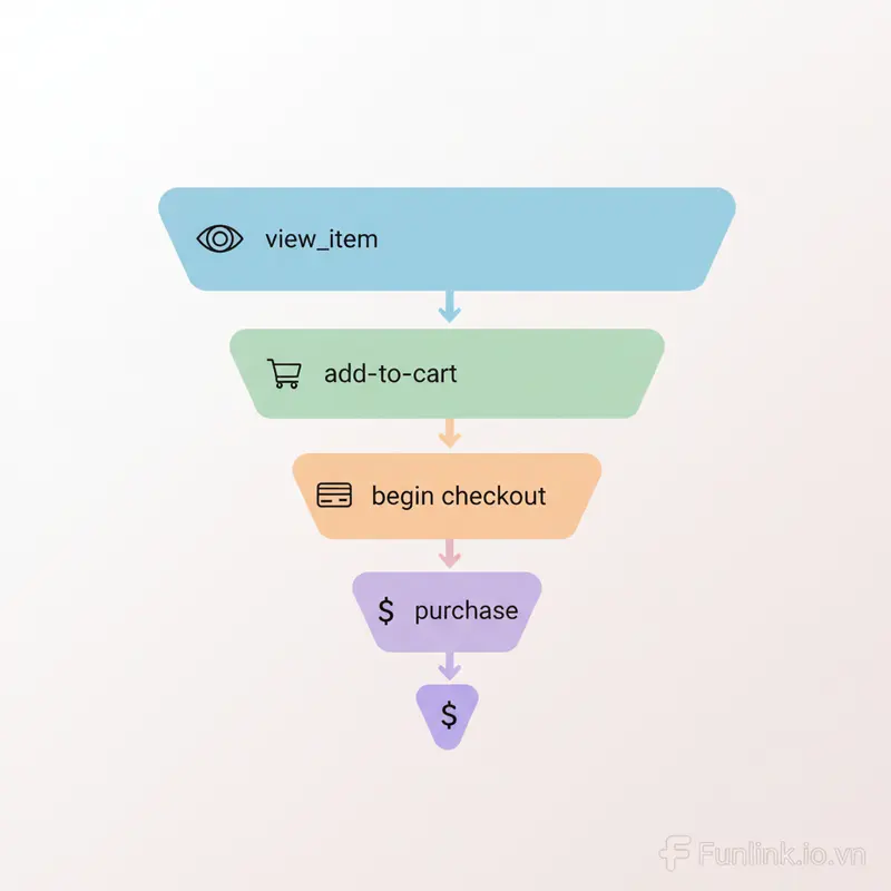 Sơ đồ phễu mua sắm thể hiện các bước cài đặt tracking e-commerce GA4 cho WooCommerce.