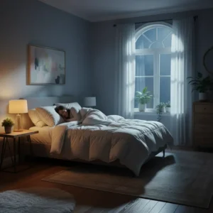 Một người đang ngủ ngon trên giường với không gian yên tĩnh và ánh sáng dịu nhẹ.