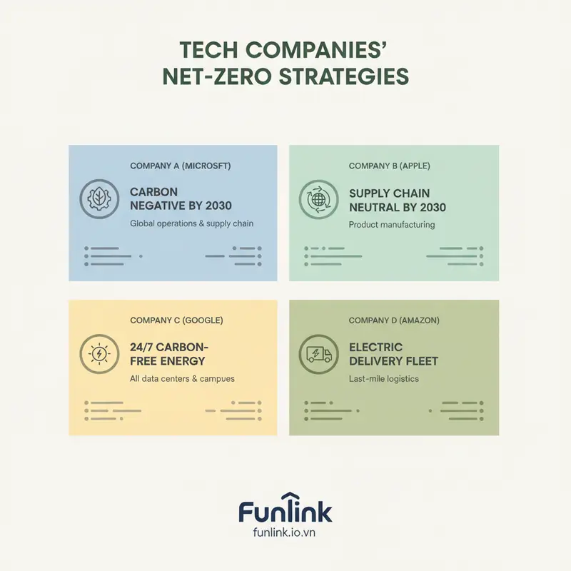 Infographic so sánh cam kết Net-zero của 4 ông lớn công nghệ: Microsoft, Apple, Google, và Amazon.