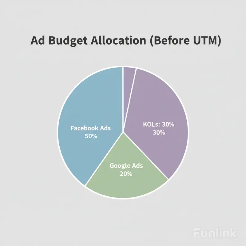 Case study digital marketing: biểu đồ tròn phân bổ ngân sách quảng cáo cảm tính trước khi dùng UTM.