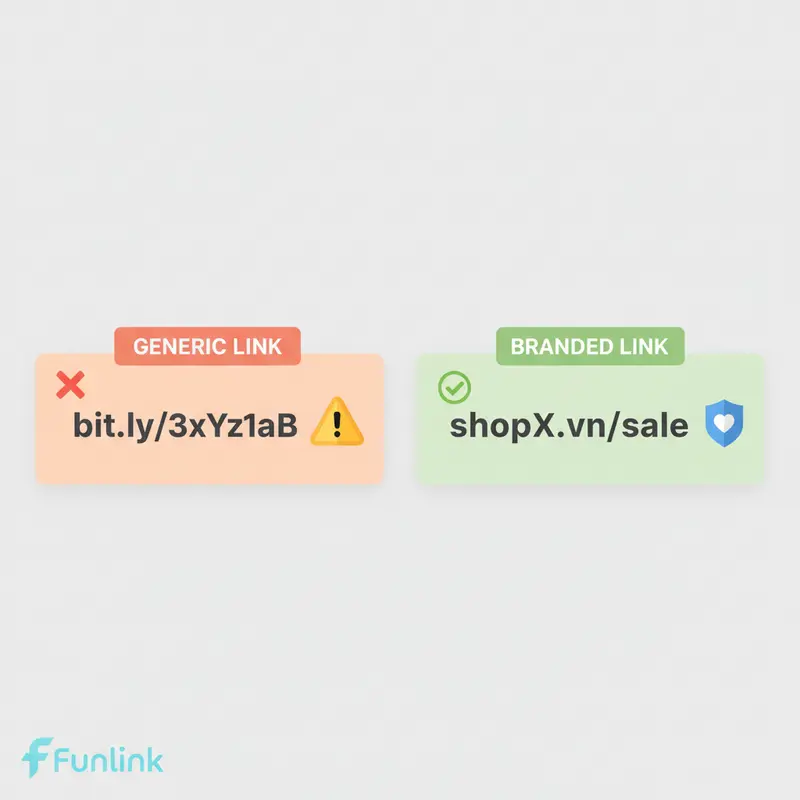 Case study tăng trưởng doanh thu - so sánh link có thương hiệu (branded link) an toàn và link mặc định gây nghi ngờ.