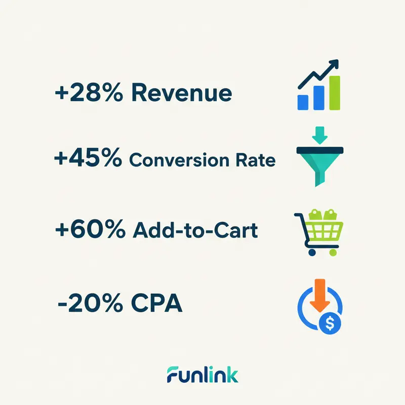 Case study tăng trưởng doanh thu - infographic các chỉ số thành công: tăng 28% doanh thu, 45% conversion rate.
