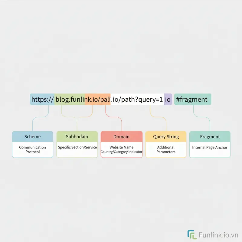 Sơ đồ chi tiết phân tích cấu trúc của một URL với các thành phần như Scheme, Domain, Path, và Query String.