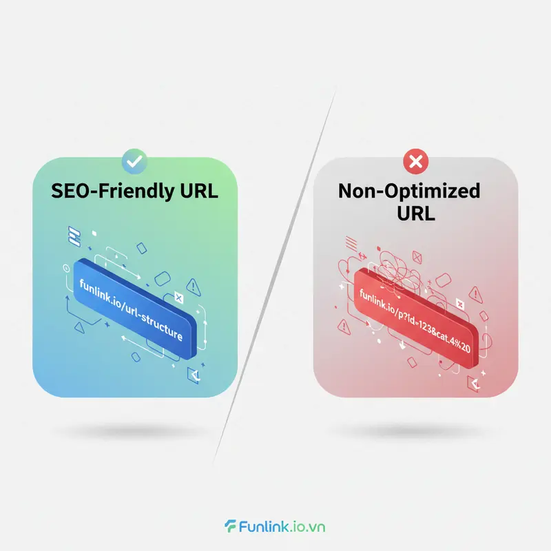 So sánh cấu trúc của một URL chuẩn SEO và URL không tối ưu, chỉ ra sự khác biệt về độ dài và rõ ràng.
