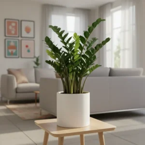 Cây kim tiền xanh tốt được trồng trong chậu gốm sứ màu trắng