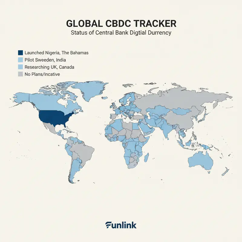 Bản đồ thế giới thể hiện mức độ triển khai CBDC của các quốc gia tính đến năm 2024.