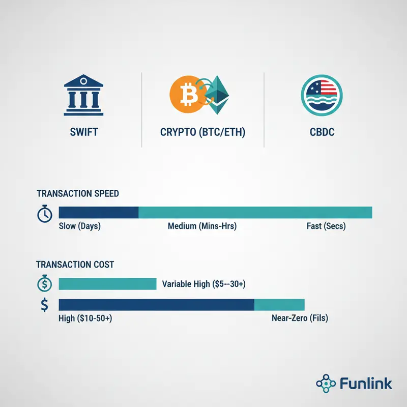 Sơ đồ so sánh tốc độ và chi phí giao dịch của CBDC so với SWIFT và Crypto như Bitcoin.