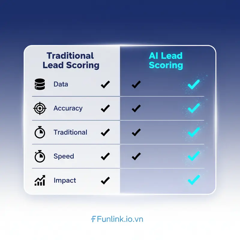 Bảng so sánh chi tiết giữa chấm điểm khách hàng tiềm năng truyền thống và bằng AI qua các tiêu chí chính.