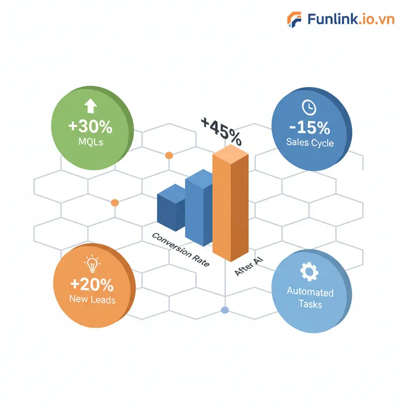 Infographic hiển thị các số liệu tăng trưởng về tỷ lệ chuyển đổi sau khi áp dụng chấm điểm khách hàng tiềm năng bằng AI.