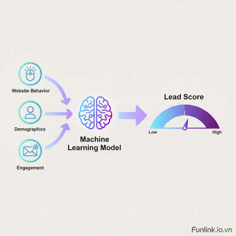Sơ đồ luồng hoạt động của chấm điểm khách hàng tiềm năng bằng AI, từ dữ liệu đầu vào đến đầu ra là điểm số.
