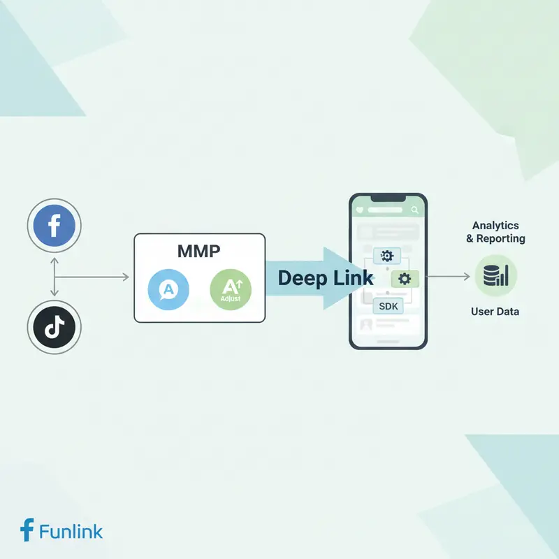 Sơ đồ luồng dữ liệu chạy quảng cáo app, minh họa vai trò của SDK, MMP và Deep Link trong việc theo dõi người dùng.