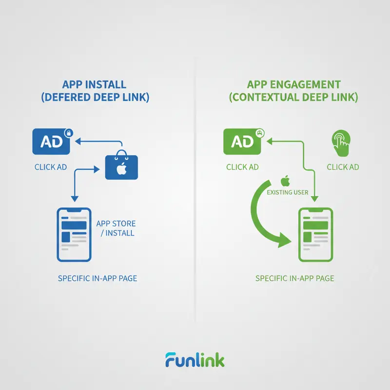 Infographic so sánh cách chạy quảng cáo app install với Deferred Deep Link và app engagement với Contextual Deep Link.