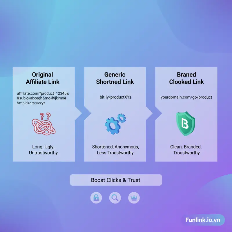 So sánh trực quan giữa link affiliate gốc và link đã được che link affiliate bằng kỹ thuật link cloaking.