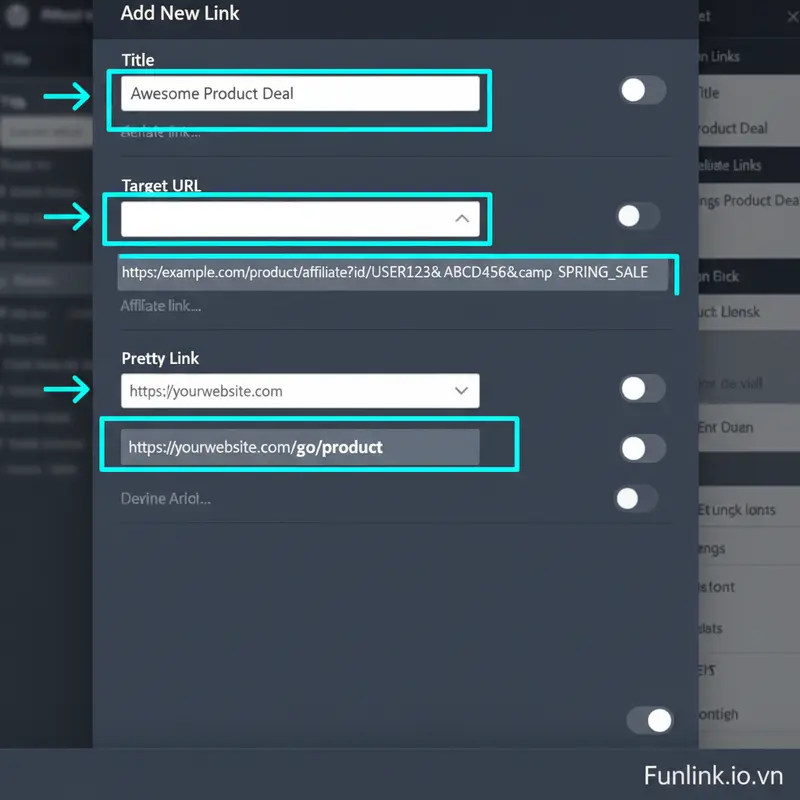 Giao diện tạo link mới trong Pretty Links để che link affiliate, với các trường quan trọng được đánh dấu.