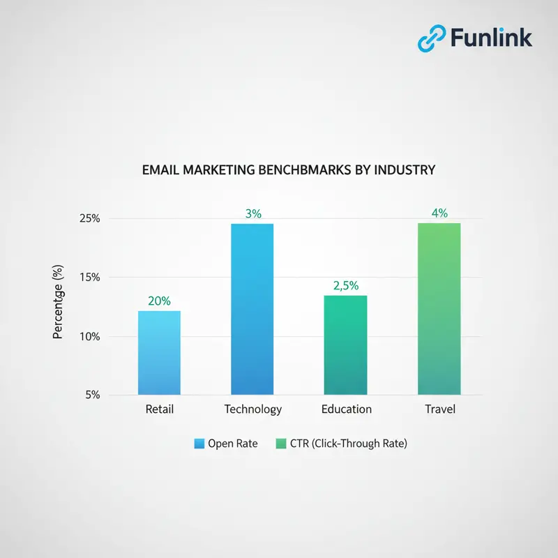 Biểu đồ cột các chỉ số đo lường hiệu quả email marketing trung bình theo ngành: Bán lẻ, Công nghệ, Giáo dục.