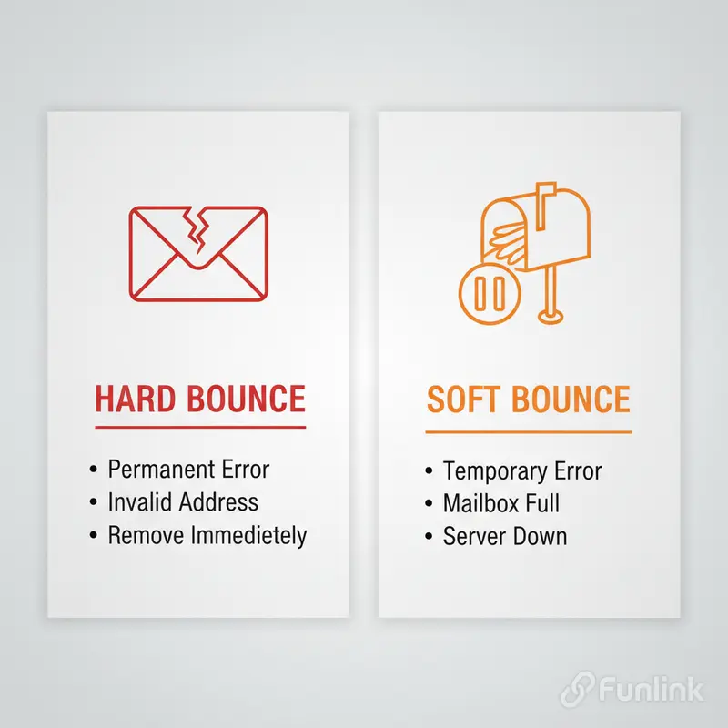Sơ đồ giải thích hai loại chỉ số đo lường hiệu quả email marketing: Hard Bounce (lỗi vĩnh viễn) và Soft Bounce (lỗi tạm thời).