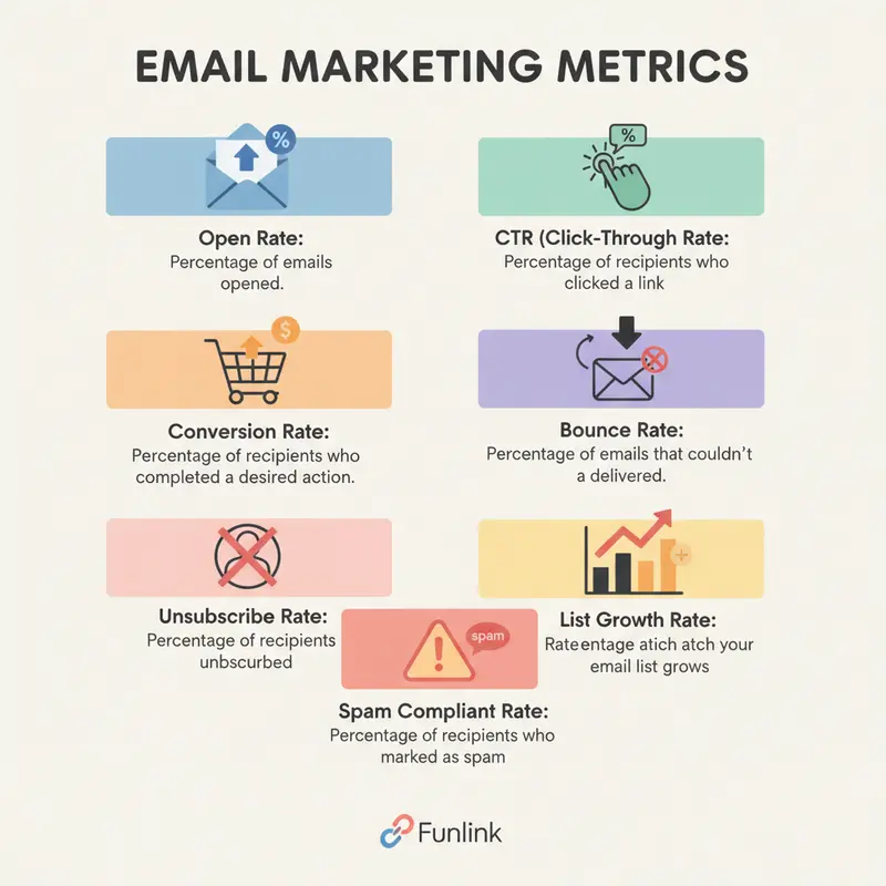 Infographic 7 chỉ số đo lường hiệu quả email marketing cần theo dõi: Open Rate, CTR, Conversion Rate, Bounce Rate, Unsubscribe Rate, List Growth, Spam Complaint.