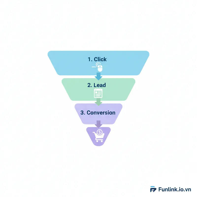 Sơ đồ phễu chuyển đổi, chỉ số đo lường hiệu quả shortlink từ click đến mua hàng.
