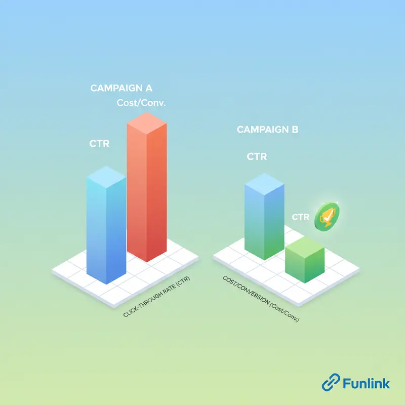 Biểu đồ so sánh các chỉ số quan trọng trong Google Ads của hai chiến dịch, cho thấy chiến dịch có Cost/Conv. thấp hiệu quả hơn.