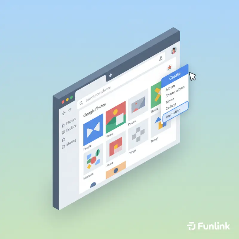 Giao diện Google Photos trên máy tính để tạo album mới, với nút Tạo được làm nổi bật.