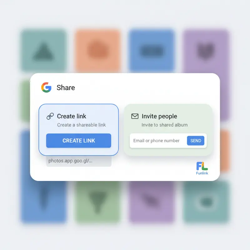 Các tùy chọn chia sẻ album Google Photos, bao gồm tạo link và mời qua email.