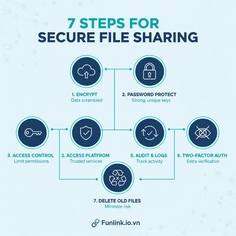 Infographic tóm tắt 7 bước chia sẻ file an toàn, bao gồm mã hóa, đặt mật khẩu, và quét virus.