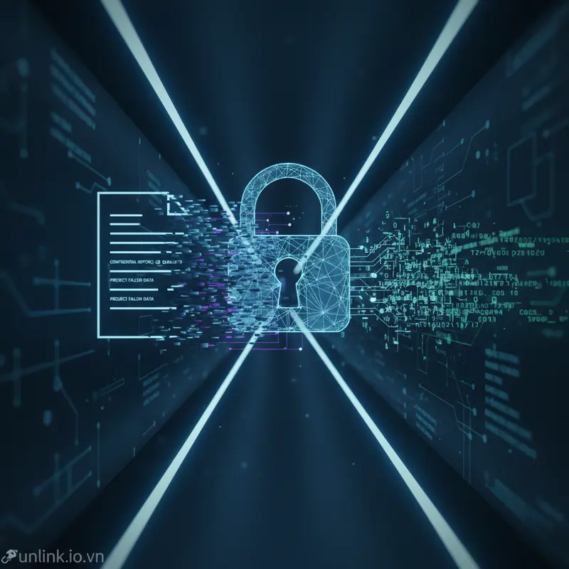 Minh họa quá trình chia sẻ file an toàn bằng cách mã hóa tài liệu, chuyển từ văn bản rõ thành mã không thể đọc.