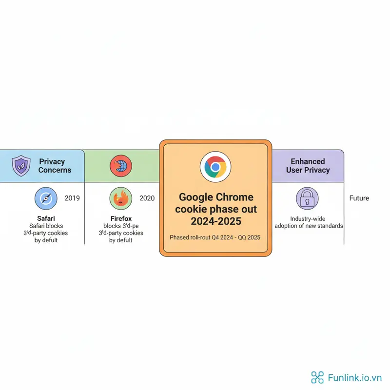 Infographic dòng thời gian các trình duyệt chặn cookie bên thứ ba, làm nổi bật tầm quan trọng của chiến lược marketing không cookie.