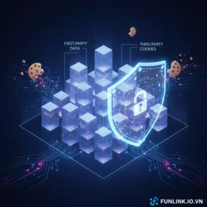 Chiến lược marketing không cookie với hình ảnh một pháo đài dữ liệu vững chắc bảo vệ thông tin khách hàng.