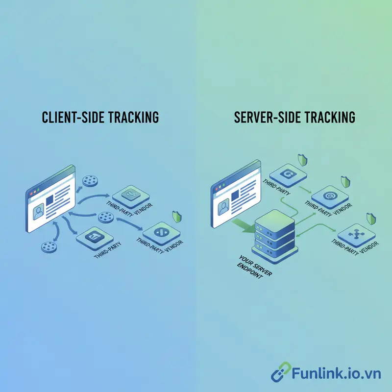 Sơ đồ so sánh cơ chế client-side và server-side tracking, một phần cốt lõi của chiến lược marketing không cookie.