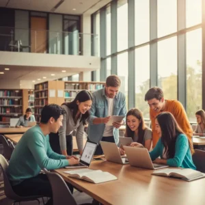 Sinh viên đang sử dụng laptop trong thư viện