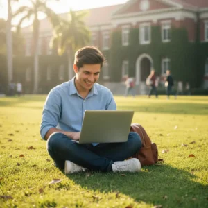 Một sinh viên đang vui vẻ sử dụng laptop trong khuôn viên trường đại học