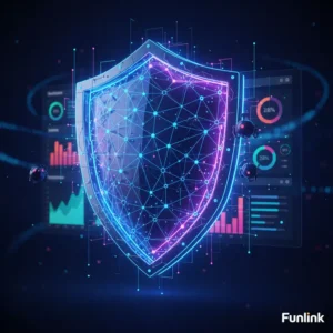 Blockchain trong digital marketing giúp chống gian lận quảng cáo hiệu quả với biểu tượng khiên bảo vệ và các khối chuỗi.