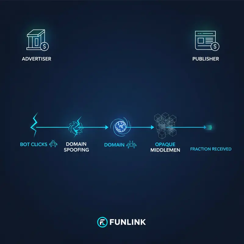 Infographic về chống gian lận quảng cáo cho thấy ngân sách marketing bị thất thoát qua bot clicks và domain spoofing.