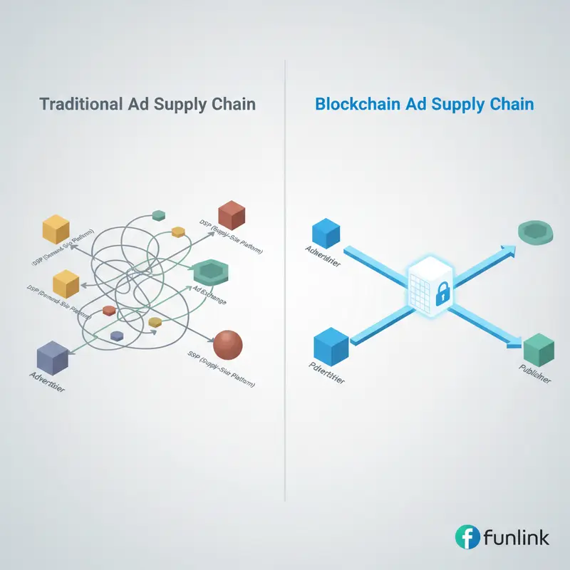 So sánh chuỗi cung ứng quảng cáo trước và sau khi dùng blockchain để chống gian lận quảng cáo.