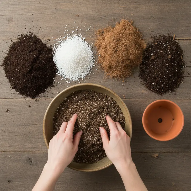 Hỗn hợp đất tơi xốp và chậu gốm có lỗ thoát nước được chuẩn bị để trồng cây kim tiền.