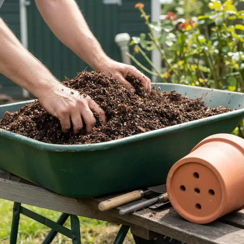 Đất trồng tơi xốp và chậu có lỗ thoát nước để trồng hoa hồng