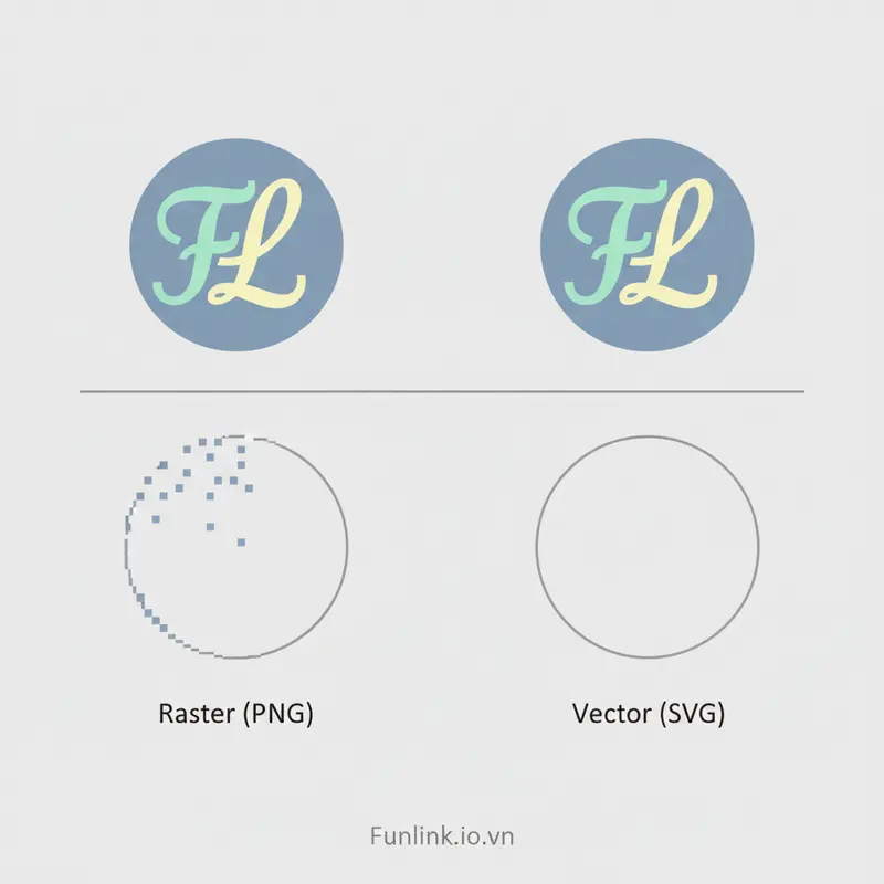 So sánh ảnh Raster (PNG) vỡ nét khi phóng to và ảnh Vector (SVG) giữ nguyên độ sắc nét.