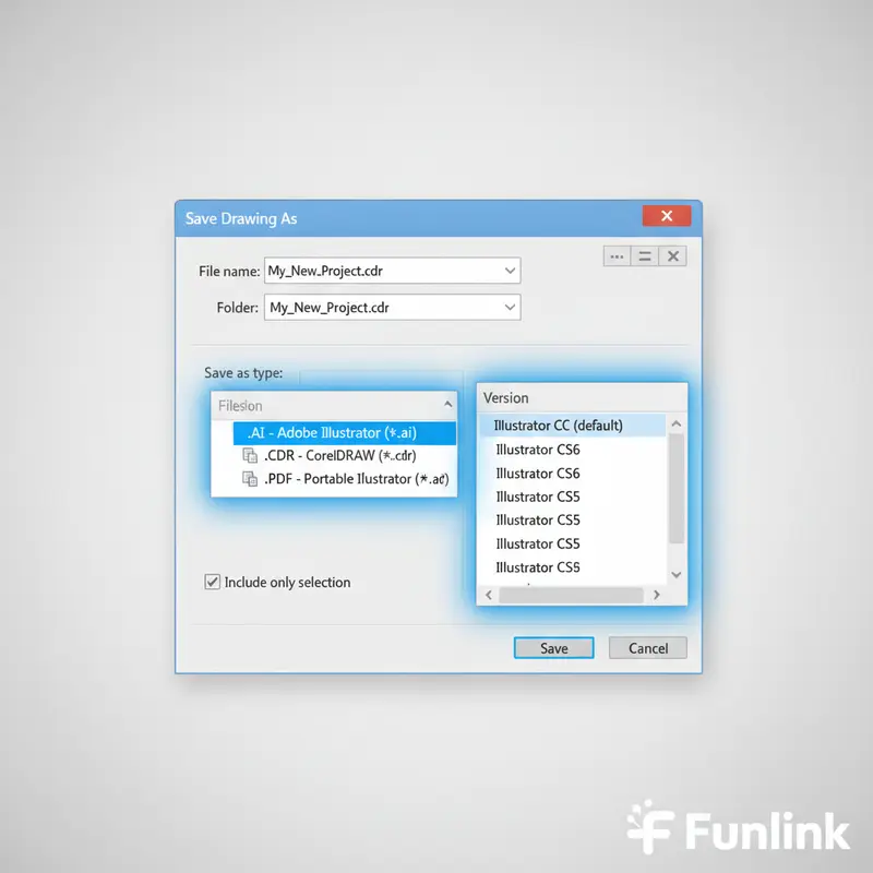 Lưu file CDR thành định dạng AI từ CorelDRAW, tùy chọn phiên bản tương thích để chuyển file cdr sang ai.