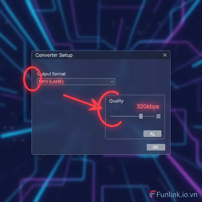 Cấu hình chuyển file FLAC sang MP3 trong Foobar2000, chọn chất lượng MP3 LAME 320kbps.
