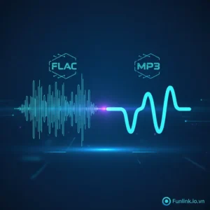 Hướng dẫn cách chuyển file FLAC sang MP3 giữ chất lượng cao nhất, minh họa bằng sóng âm thanh và logo định dạng.