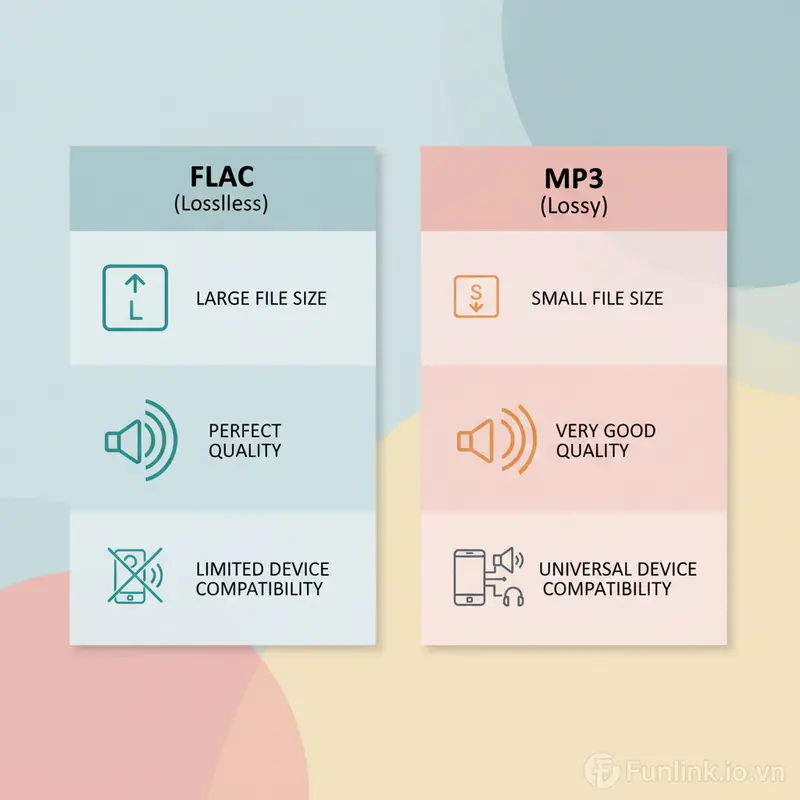 Sơ đồ so sánh chuyển file FLAC sang MP3, minh họa sự khác biệt về kích thước và phổ tần số giữa lossless và lossy.