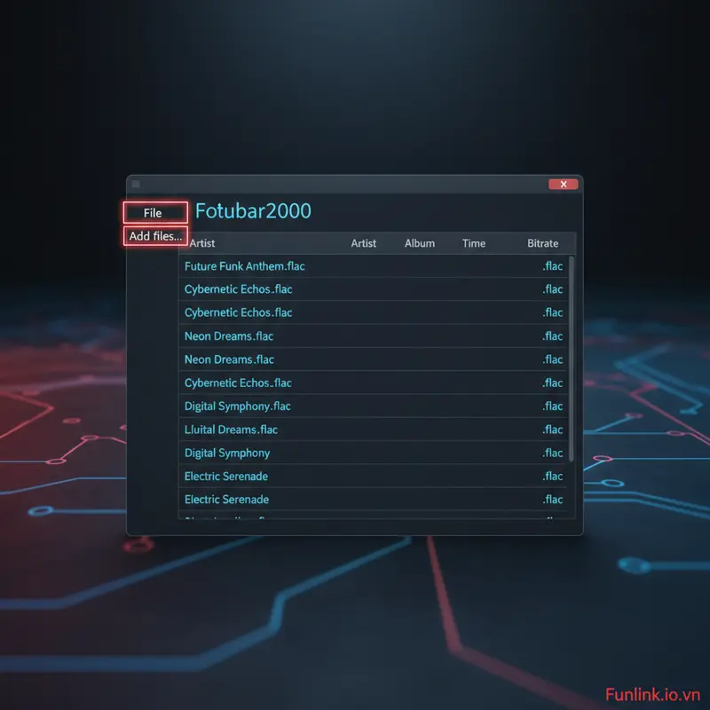 Hướng dẫn chuyển file FLAC sang MP3: Giao diện Foobar2000 với các file FLAC đã được thêm vào playlist.