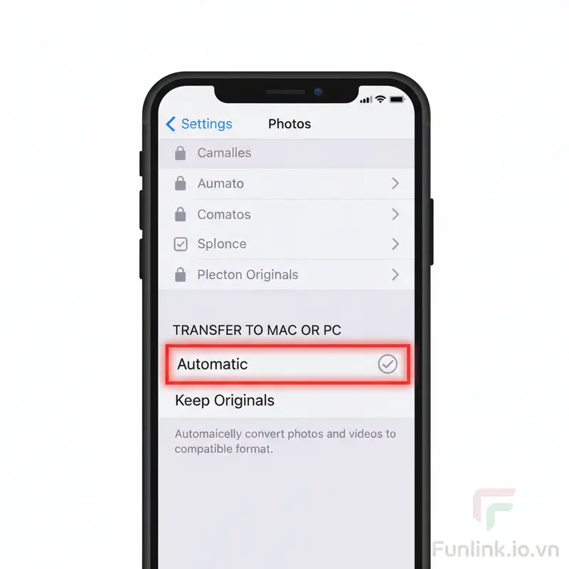 Cài đặt iPhone tự động chuyển file HEIC sang JPG khi chép qua máy tính.