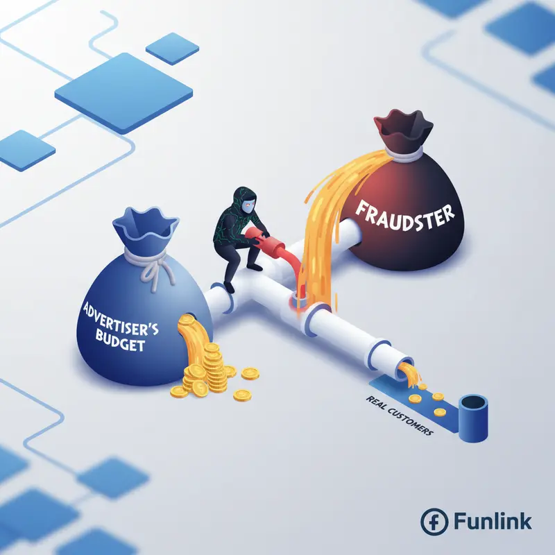 Sơ đồ minh họa dòng tiền quảng cáo bị lãng phí do tình trạng click ảo.