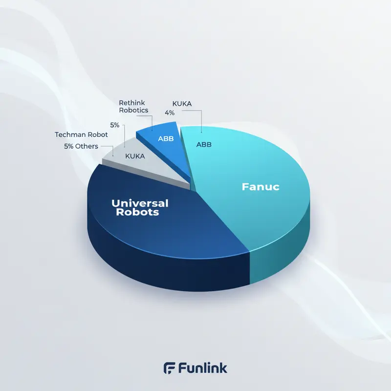 Biểu đồ tròn thể hiện thị phần Cobot toàn cầu của các hãng lớn như Universal Robots và Fanuc